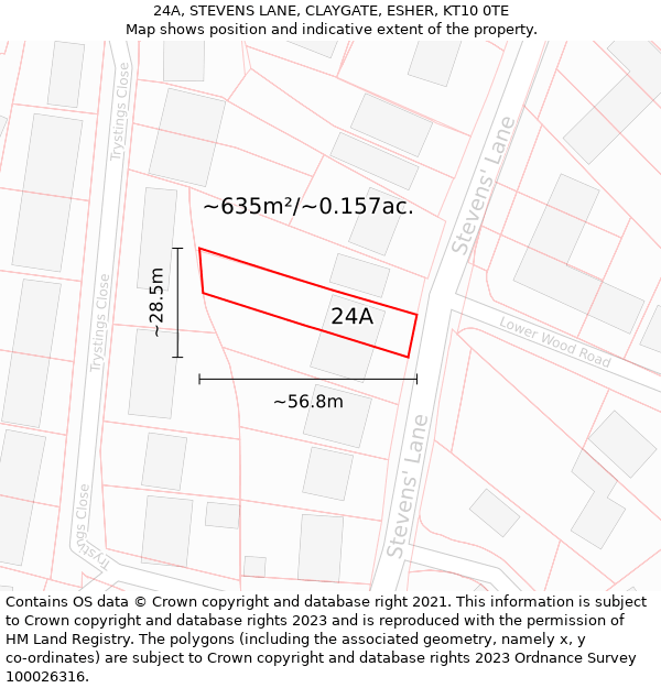 24A, STEVENS LANE, CLAYGATE, ESHER, KT10 0TE: Plot and title map