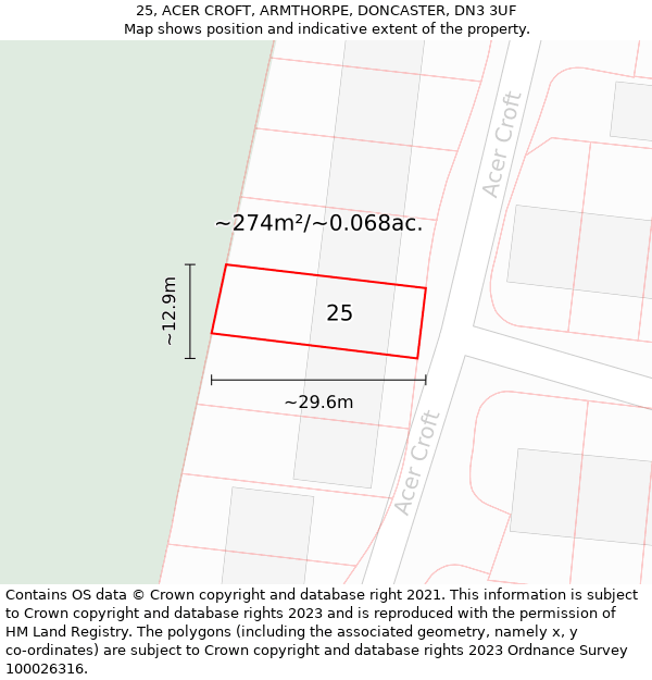 25, ACER CROFT, ARMTHORPE, DONCASTER, DN3 3UF: Plot and title map