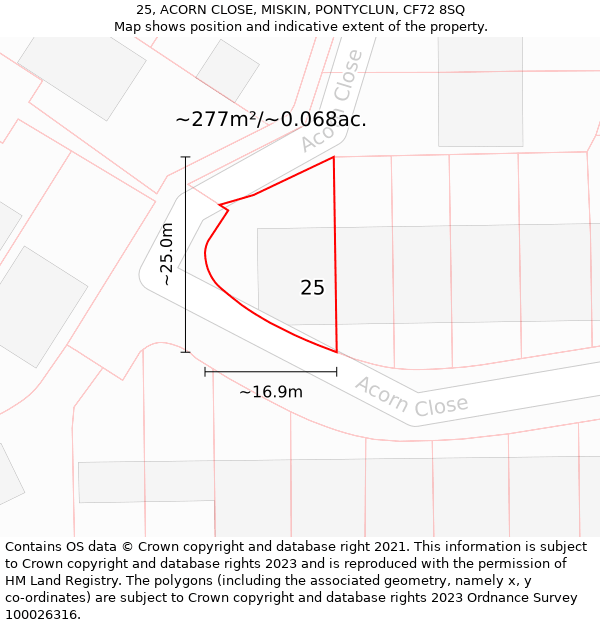 25, ACORN CLOSE, MISKIN, PONTYCLUN, CF72 8SQ: Plot and title map