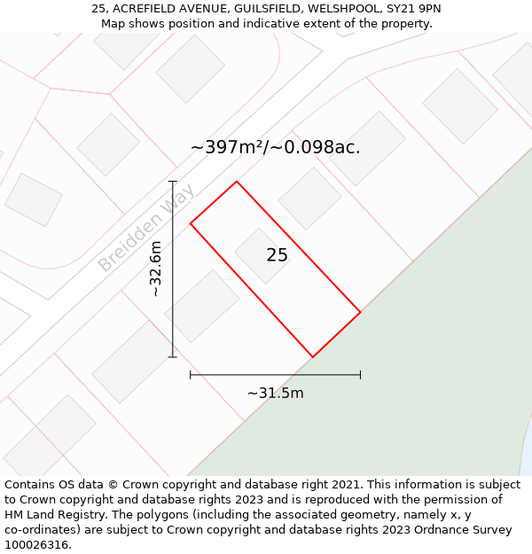 25, ACREFIELD AVENUE, GUILSFIELD, WELSHPOOL, SY21 9PN: Plot and title map