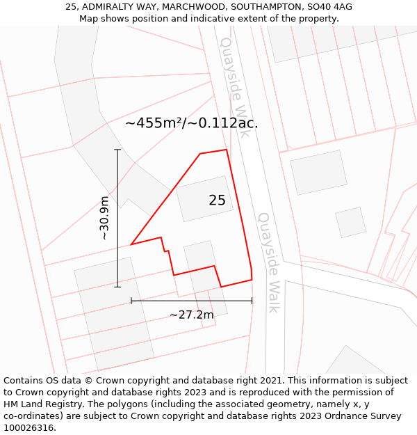 25, ADMIRALTY WAY, MARCHWOOD, SOUTHAMPTON, SO40 4AG: Plot and title map