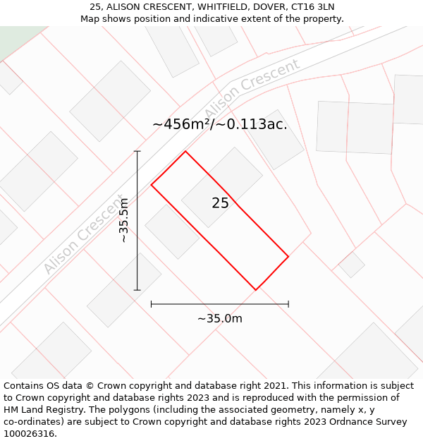 25, ALISON CRESCENT, WHITFIELD, DOVER, CT16 3LN: Plot and title map