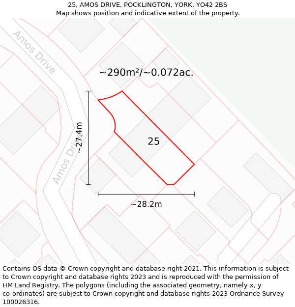 25, AMOS DRIVE, POCKLINGTON, YORK, YO42 2BS: Plot and title map