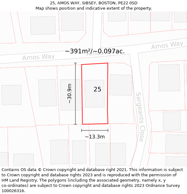 25, AMOS WAY, SIBSEY, BOSTON, PE22 0SD: Plot and title map