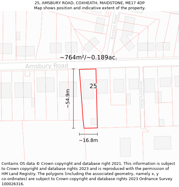 25, AMSBURY ROAD, COXHEATH, MAIDSTONE, ME17 4DP: Plot and title map