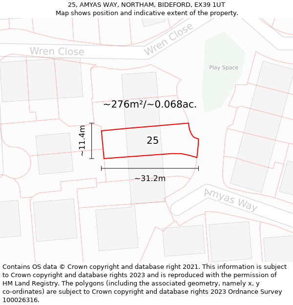 25, AMYAS WAY, NORTHAM, BIDEFORD, EX39 1UT: Plot and title map