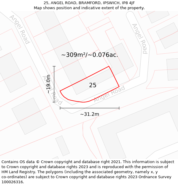 25, ANGEL ROAD, BRAMFORD, IPSWICH, IP8 4JF: Plot and title map