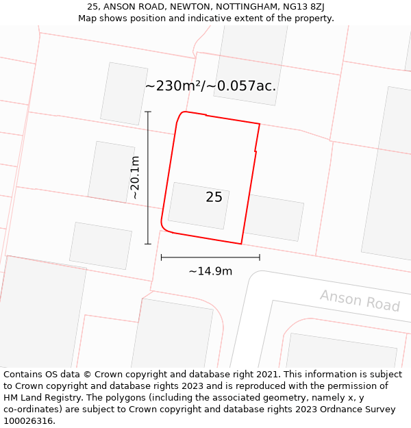 25, ANSON ROAD, NEWTON, NOTTINGHAM, NG13 8ZJ: Plot and title map