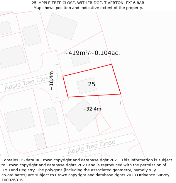 25, APPLE TREE CLOSE, WITHERIDGE, TIVERTON, EX16 8AR: Plot and title map