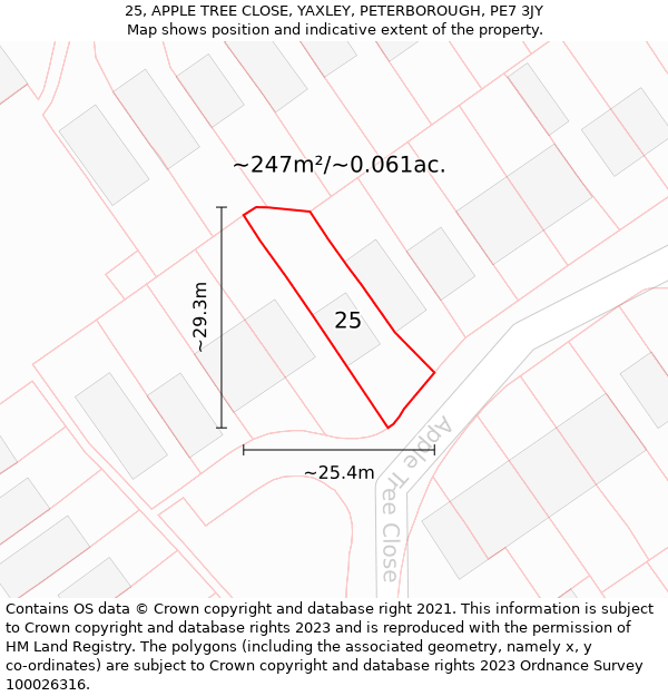 25, APPLE TREE CLOSE, YAXLEY, PETERBOROUGH, PE7 3JY: Plot and title map