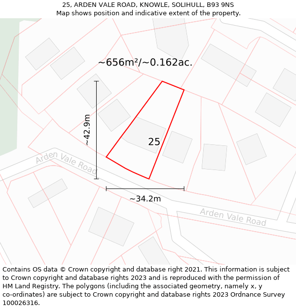 25, ARDEN VALE ROAD, KNOWLE, SOLIHULL, B93 9NS: Plot and title map