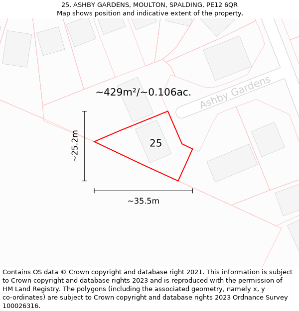 25, ASHBY GARDENS, MOULTON, SPALDING, PE12 6QR: Plot and title map