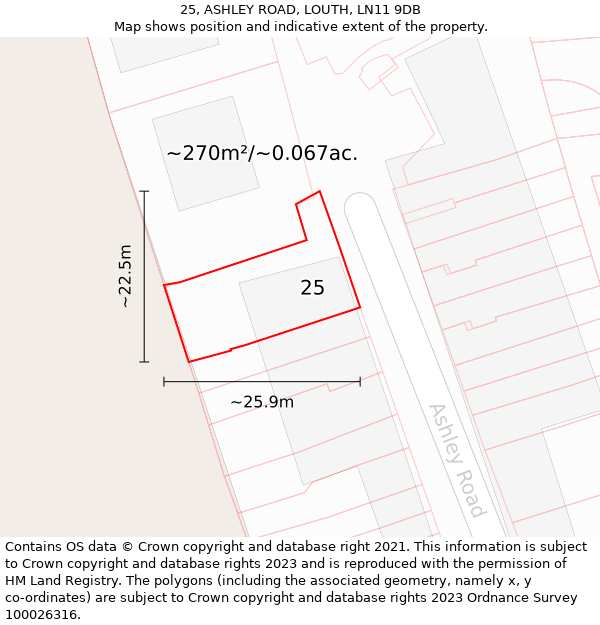 25, ASHLEY ROAD, LOUTH, LN11 9DB: Plot and title map