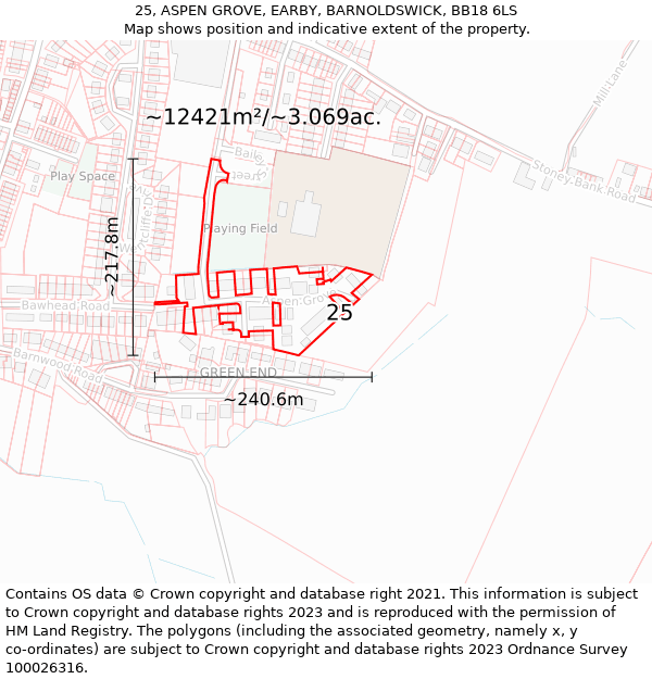 25, ASPEN GROVE, EARBY, BARNOLDSWICK, BB18 6LS: Plot and title map