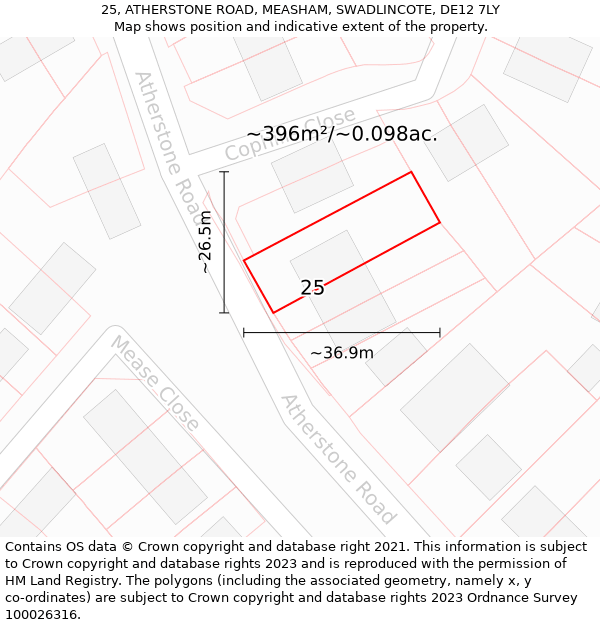 25, ATHERSTONE ROAD, MEASHAM, SWADLINCOTE, DE12 7LY: Plot and title map