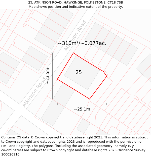 25, ATKINSON ROAD, HAWKINGE, FOLKESTONE, CT18 7SB: Plot and title map