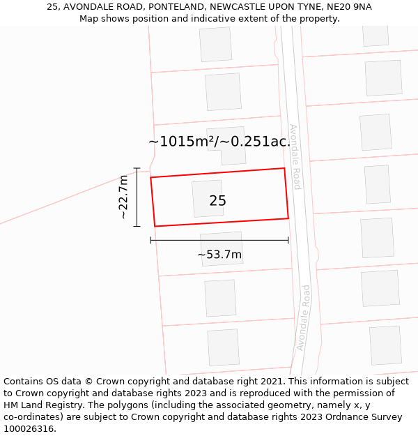 25, AVONDALE ROAD, PONTELAND, NEWCASTLE UPON TYNE, NE20 9NA: Plot and title map