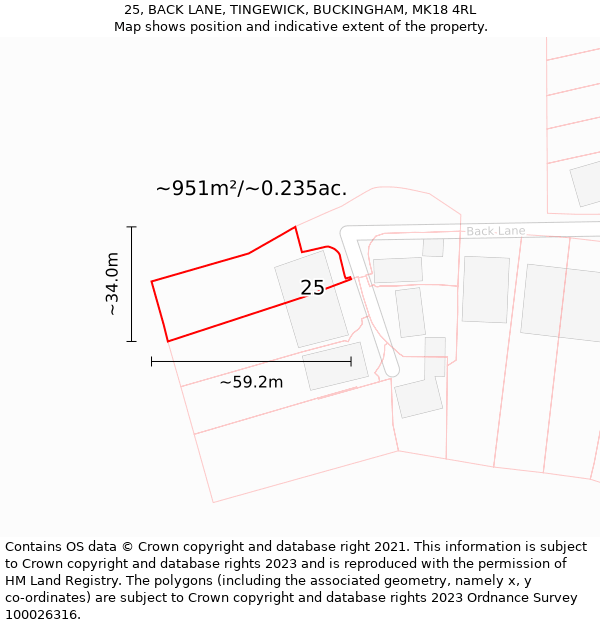 25, BACK LANE, TINGEWICK, BUCKINGHAM, MK18 4RL: Plot and title map