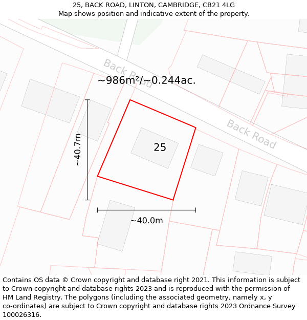 25, BACK ROAD, LINTON, CAMBRIDGE, CB21 4LG: Plot and title map