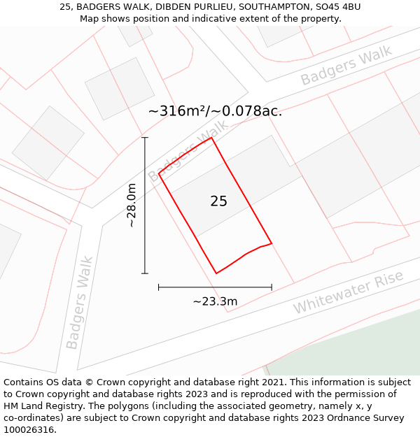 25, BADGERS WALK, DIBDEN PURLIEU, SOUTHAMPTON, SO45 4BU: Plot and title map