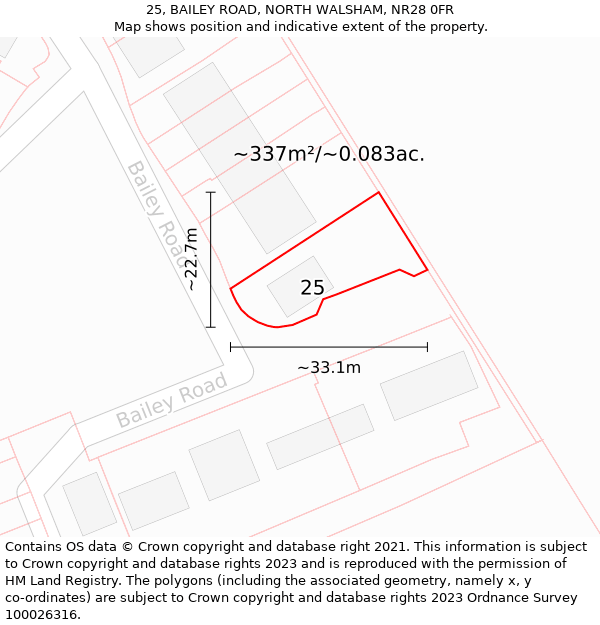25, BAILEY ROAD, NORTH WALSHAM, NR28 0FR: Plot and title map