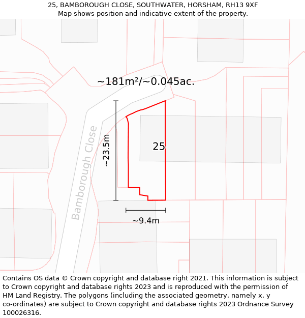 25, BAMBOROUGH CLOSE, SOUTHWATER, HORSHAM, RH13 9XF: Plot and title map