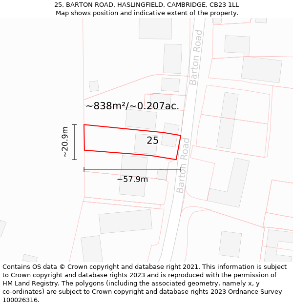 25, BARTON ROAD, HASLINGFIELD, CAMBRIDGE, CB23 1LL: Plot and title map