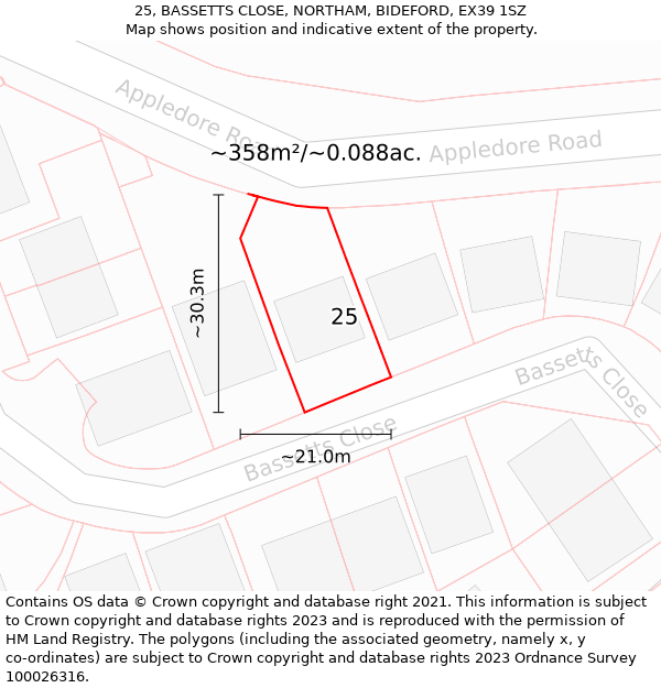 25, BASSETTS CLOSE, NORTHAM, BIDEFORD, EX39 1SZ: Plot and title map