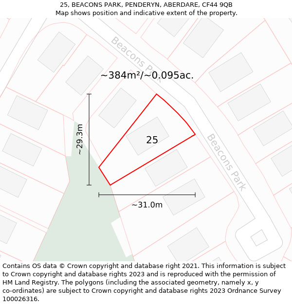 25, BEACONS PARK, PENDERYN, ABERDARE, CF44 9QB: Plot and title map