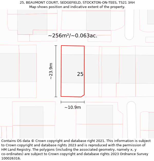 25, BEAUMONT COURT, SEDGEFIELD, STOCKTON-ON-TEES, TS21 3AH: Plot and title map