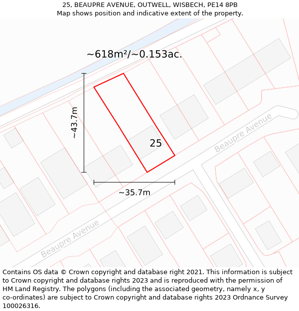 25, BEAUPRE AVENUE, OUTWELL, WISBECH, PE14 8PB: Plot and title map