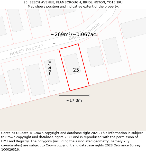 25, BEECH AVENUE, FLAMBOROUGH, BRIDLINGTON, YO15 1PU: Plot and title map