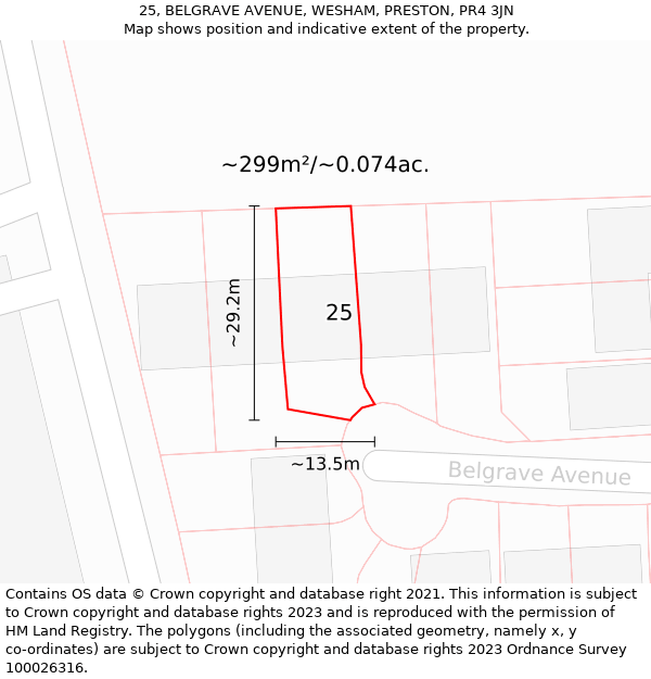 25, BELGRAVE AVENUE, WESHAM, PRESTON, PR4 3JN: Plot and title map