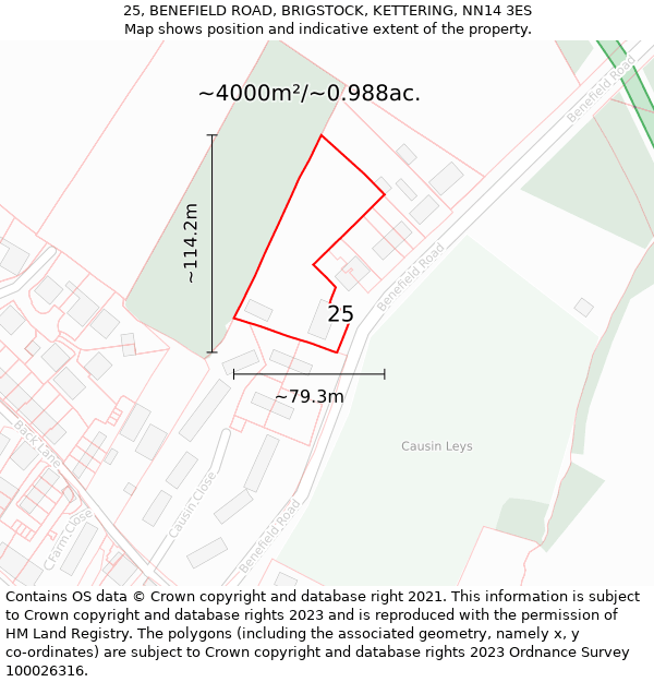25, BENEFIELD ROAD, BRIGSTOCK, KETTERING, NN14 3ES: Plot and title map