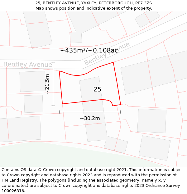 25, BENTLEY AVENUE, YAXLEY, PETERBOROUGH, PE7 3ZS: Plot and title map