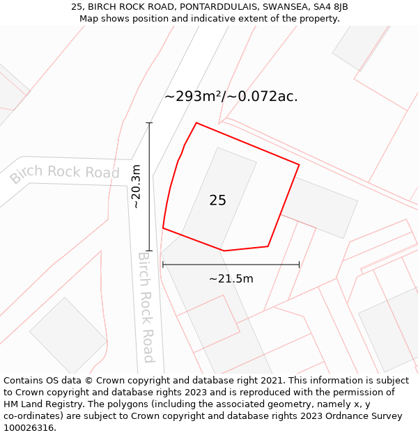 25, BIRCH ROCK ROAD, PONTARDDULAIS, SWANSEA, SA4 8JB: Plot and title map