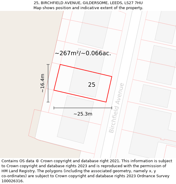 25, BIRCHFIELD AVENUE, GILDERSOME, LEEDS, LS27 7HU: Plot and title map