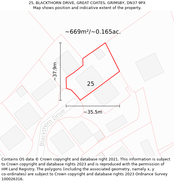 25, BLACKTHORN DRIVE, GREAT COATES, GRIMSBY, DN37 9PX: Plot and title map