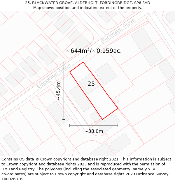 25, BLACKWATER GROVE, ALDERHOLT, FORDINGBRIDGE, SP6 3AD: Plot and title map