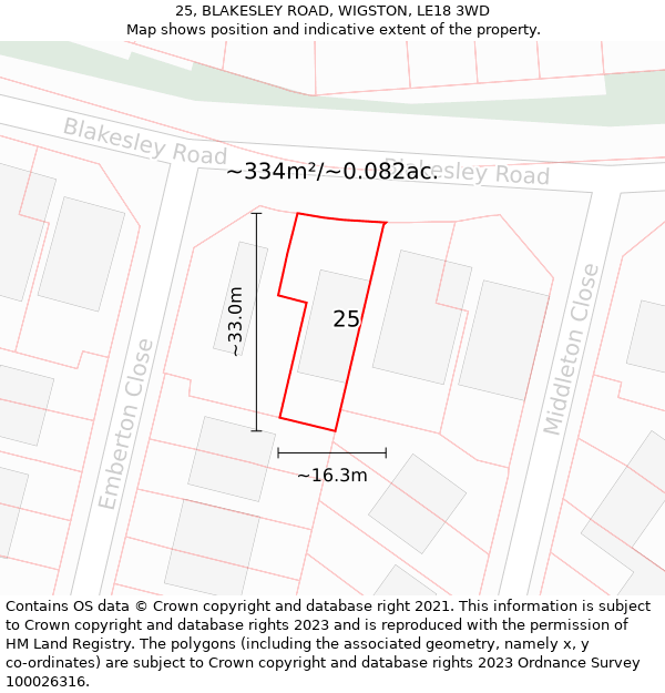 25, BLAKESLEY ROAD, WIGSTON, LE18 3WD: Plot and title map