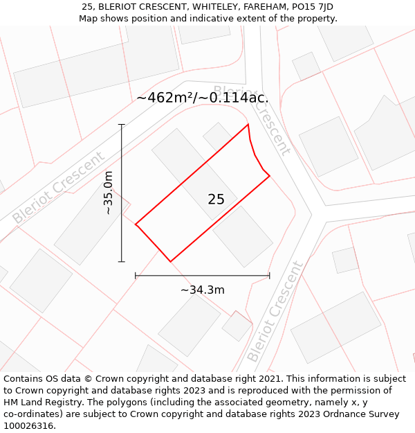 25, BLERIOT CRESCENT, WHITELEY, FAREHAM, PO15 7JD: Plot and title map