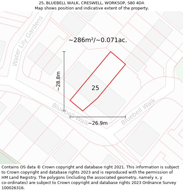 25, BLUEBELL WALK, CRESWELL, WORKSOP, S80 4DA: Plot and title map