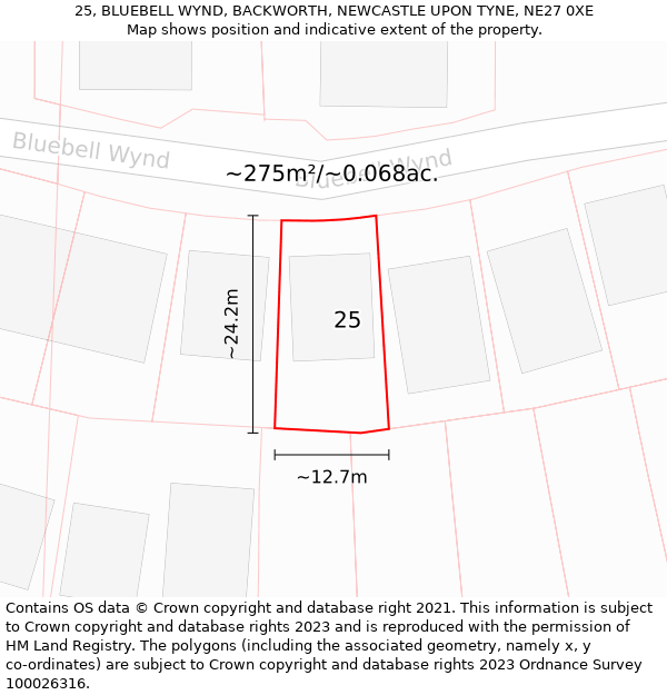 25, BLUEBELL WYND, BACKWORTH, NEWCASTLE UPON TYNE, NE27 0XE: Plot and title map