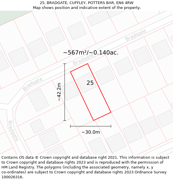 25, BRADGATE, CUFFLEY, POTTERS BAR, EN6 4RW: Plot and title map