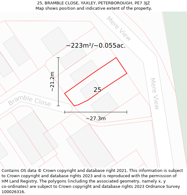 25, BRAMBLE CLOSE, YAXLEY, PETERBOROUGH, PE7 3JZ: Plot and title map