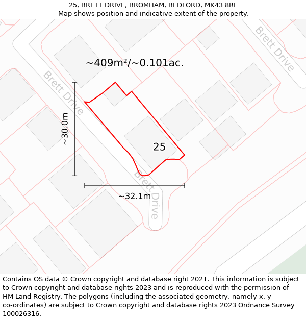 25, BRETT DRIVE, BROMHAM, BEDFORD, MK43 8RE: Plot and title map