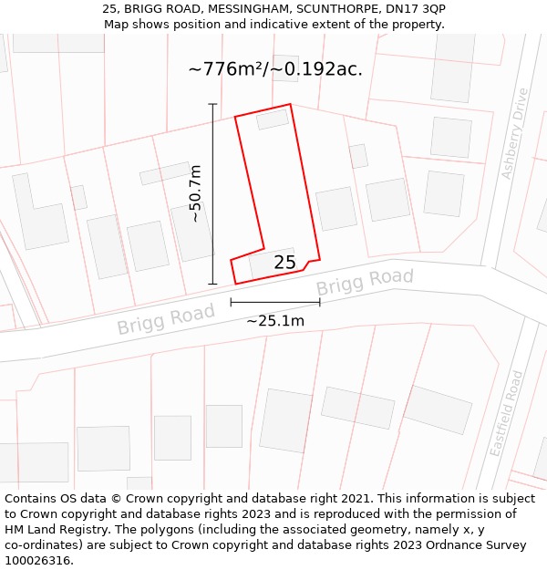 25, BRIGG ROAD, MESSINGHAM, SCUNTHORPE, DN17 3QP: Plot and title map