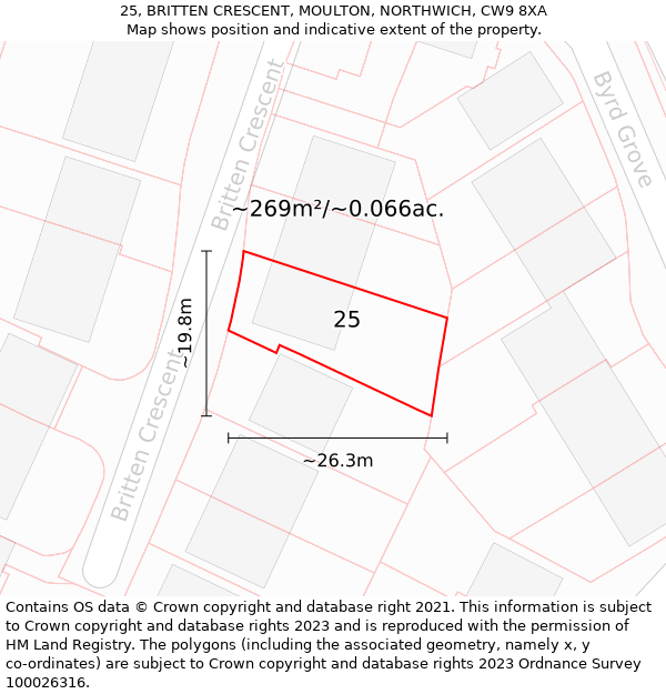 25, BRITTEN CRESCENT, MOULTON, NORTHWICH, CW9 8XA: Plot and title map