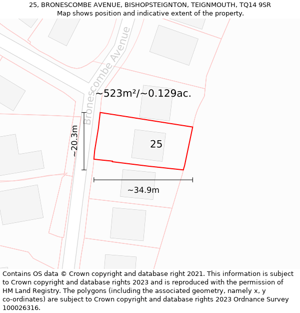 25, BRONESCOMBE AVENUE, BISHOPSTEIGNTON, TEIGNMOUTH, TQ14 9SR: Plot and title map