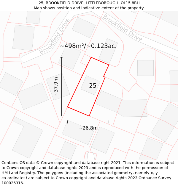 25, BROOKFIELD DRIVE, LITTLEBOROUGH, OL15 8RH: Plot and title map